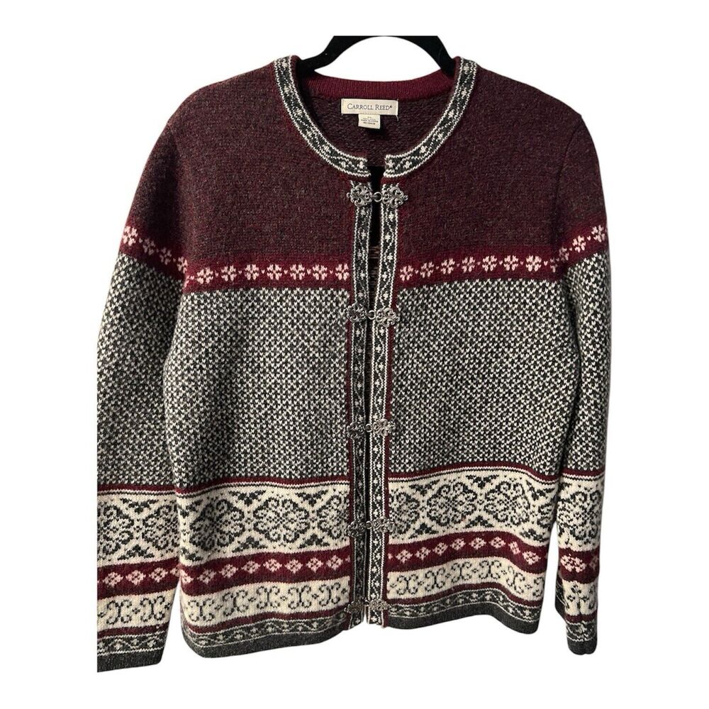 Carroll Reed Women's Burgundy and Cream Fair Isle Cardigan Sweater